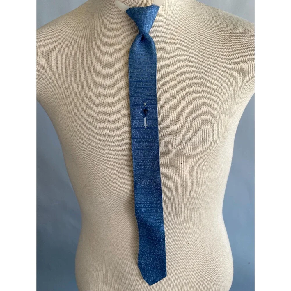 Vintage MidCentury Fleur De Lis Blue Black White Textured Clip on Tie